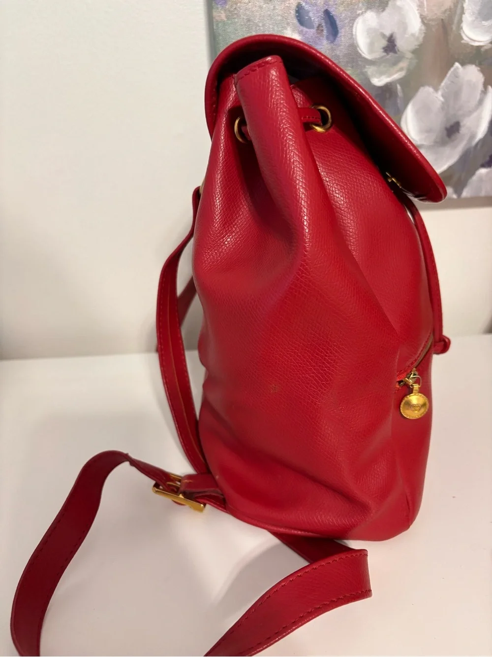Vintage MCM München Red Leather Small Backpack Drawstring Flap Gold Hardware